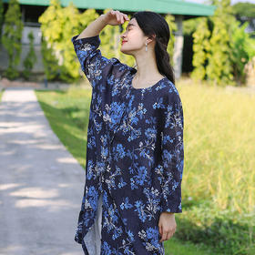 绽放旅行女装078朵/小蓝花连衣裙亚麻藤曼花团印花圆领开门襟袍子
