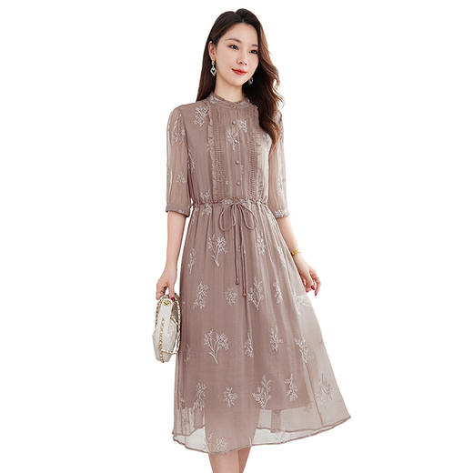 QS-82599098真丝顺宇重工绣花立领中长裙子调节腰显瘦气质桑蚕丝连衣裙女9098 商品图4