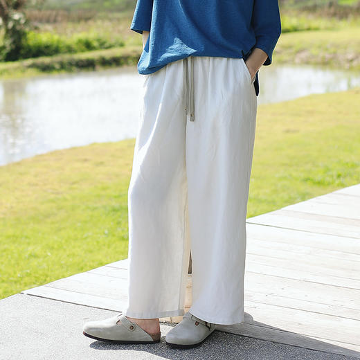 绽放旅行女装083朵/亚麻棉宽松直筒撞色系带松紧腰吸湿透气长裤 商品图0