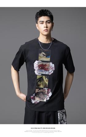 PINLI品立2025夏季新款男士圆领落肩印花短袖T恤上衣BG252111019