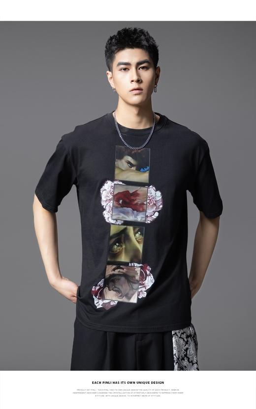 PINLI品立2025夏季新款男士圆领落肩印花短袖T恤上衣BG252111019 商品图0