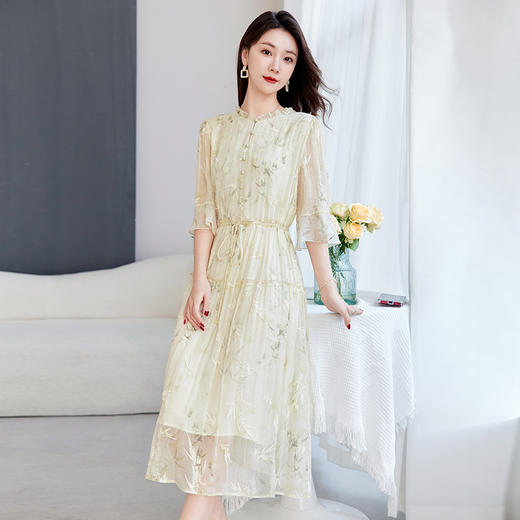 QS-82599502洛水云裳丝绸品牌桑蚕丝国风刺绣高端V领真丝连衣裙春夏9502 商品图2