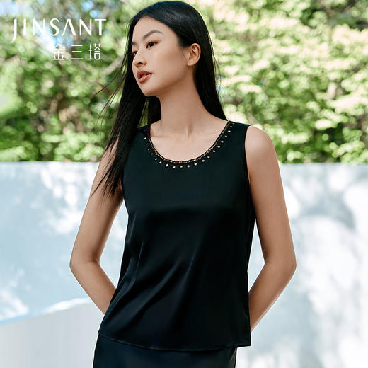 金三塔桑蚕丝背心女宽松透气绣花领舒适打底可外穿小衫上衣家居服    YSFFB502 商品图0