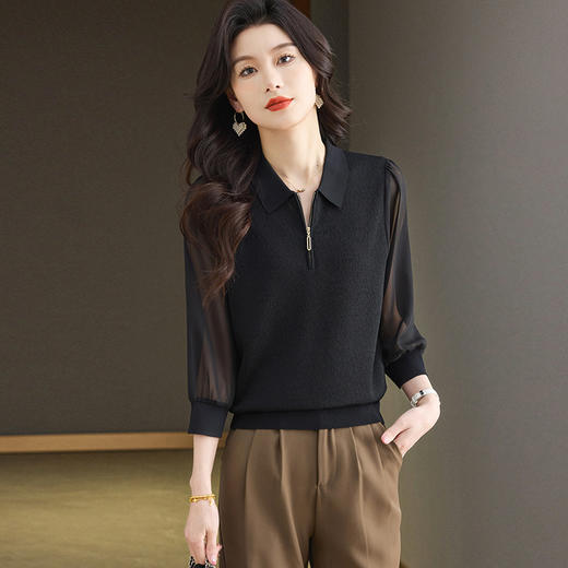 CC-ML-2589早春拼接七分蝙蝠袖t恤女2025春季新款娃娃领薄款针织衫宽松上衣 商品图3