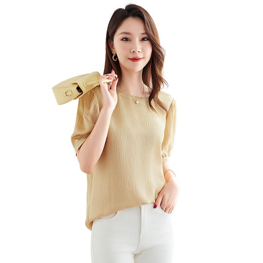 QS-12599320【真丝冠乐绉】桑蚕丝肌理感打底衫气质圆领上衣提花T恤女9320 商品图4