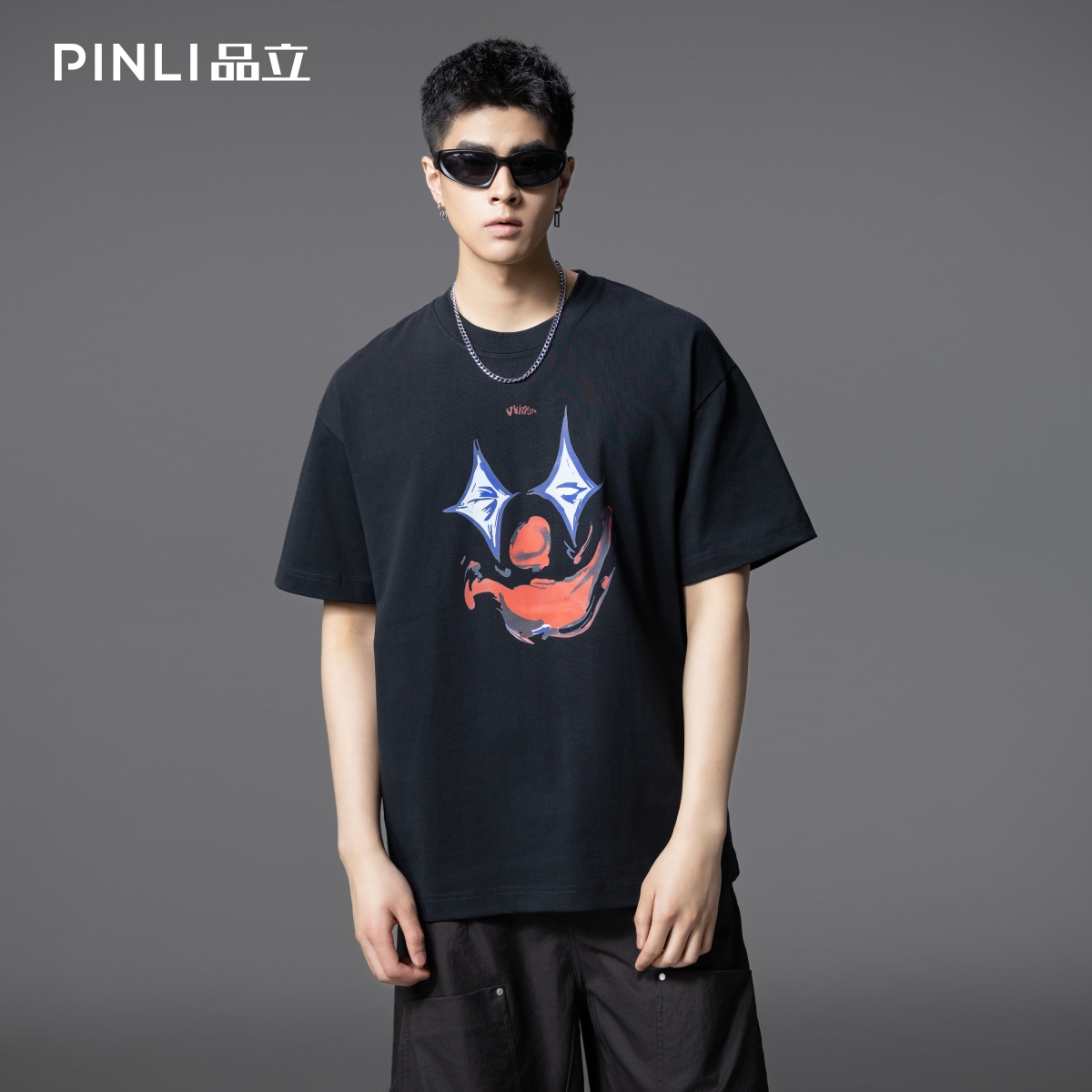 PINLI品立2025夏季新款男士圆领小丑印花短袖T恤上衣GD252111327