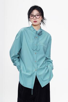 LNNNS 湖蓝色红玫瑰领结立领衬衫上衣 20167