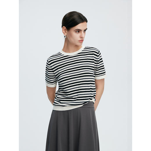 棉仓363635001-初棉圈圈纱细绒棉提花条纹显瘦针织短袖T恤 商品图1