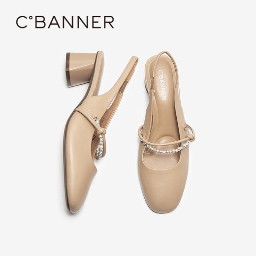 千百度珍珠带玛丽珍凉鞋女中跟真皮包头后空时装凉鞋A25276060 商品图4