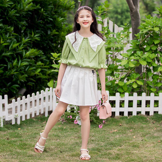 【清凉衬衫搭配百褶裙，超时尚！】女童套装2025夏季新款 亲子装中大童夏装 衬衫儿童百褶裙子两件套-QQ 商品图2