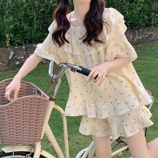 夏天网红风蕾丝碎花短袖短裤仿棉睡衣女夏季小个子家居服外穿套装 商品图1