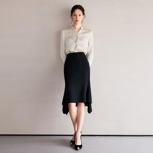 IWY/时髦小姨风穿搭套装新款香槟色长袖衬衫两件套黑色鱼尾半裙B523+S2207 商品图2