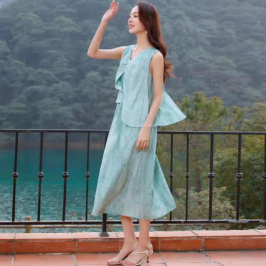 玳莎无袖假两件小众设计感收腰显瘦炒色天丝亚麻连衣裙25夏季新款  FB35002 商品图1