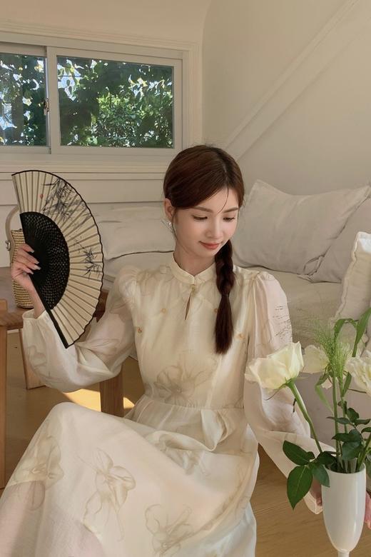 Le Malene 新中式水滴领杏色花朵印花连衣裙 20164 商品图1