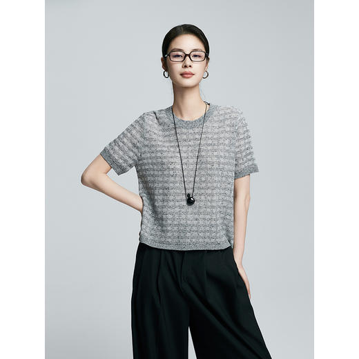 棉仓363635010-初棉混色定织花式线棉麻暗格纹-圆领短袖清凉针织衫 商品图0