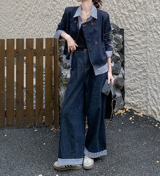 裁缝学苑AS451复古假两件牛仔套装纸样女装新款翻领外套阔腿裤两件套样板 商品图4