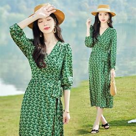 复古缎面印花收腰显瘦减龄裙子（门襟对叠式，胸围腰围可调节）HR-SYY23005A