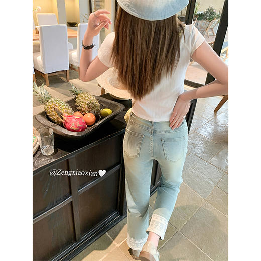 <曾小咸推荐>设计感拼接蕾丝蓝色高腰显瘦牛仔裤 商品图2