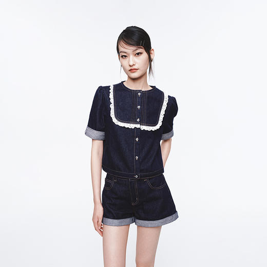 HERLIAN 2025年春季新品花边拼接设计原色牛仔上衣 商品图0