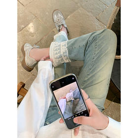 <曾小咸推荐>设计感拼接蕾丝蓝色高腰显瘦牛仔裤