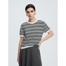 棉仓363635001-初棉圈圈纱细绒棉提花条纹显瘦针织短袖T恤