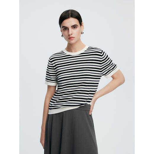 棉仓363635001-初棉圈圈纱细绒棉提花条纹显瘦针织短袖T恤 商品图0