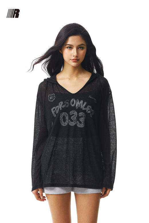 FDR官方店 美式辣妹手绘涂鸦连帽罩衫女夏季薄款V领透视外搭长袖 商品图5