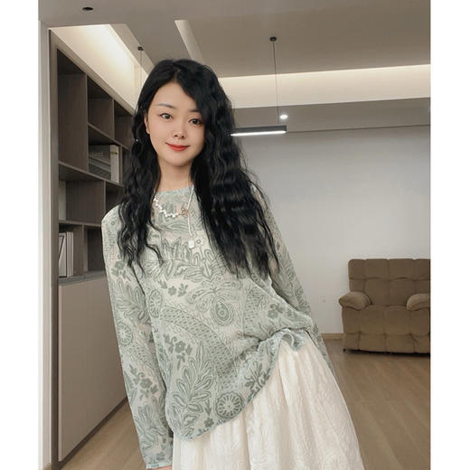 【新中式真丝刺绣烧花】100桑蚕丝圆领性感长袖t恤女M2410 商品图1