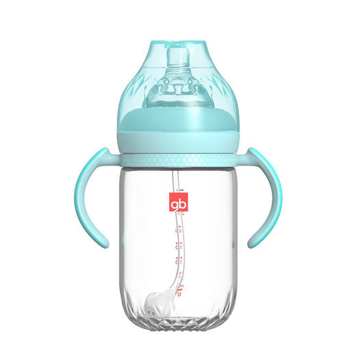 好孩子宽口径握把吸管玻璃奶瓶 铂金系列 孔雀蓝260ml 商品图5