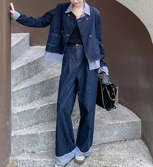 裁缝学苑AS451复古假两件牛仔套装纸样女装新款翻领外套阔腿裤两件套样板 商品图3