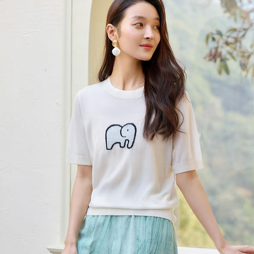 玳莎减龄感小象提花针织衫2025夏季新款简约通勤羊毛短袖圆领T恤  FB33103 商品图2