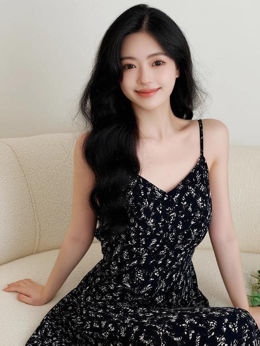 奢姿大码女装2025夏季气质减龄吊带连衣裙胖妹妹时尚碎花小黑裙9951853249B 商品图2