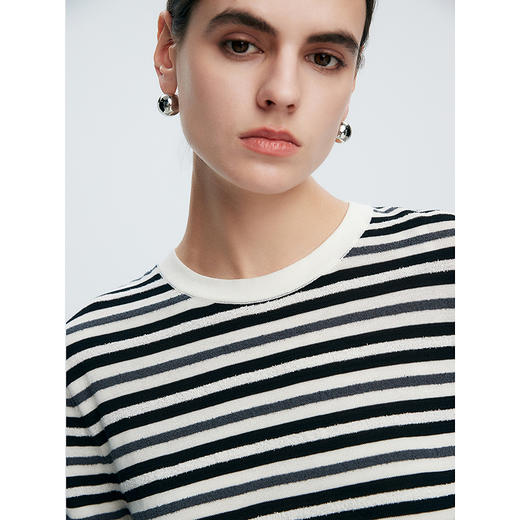 棉仓363635001-初棉圈圈纱细绒棉提花条纹显瘦针织短袖T恤 商品图3