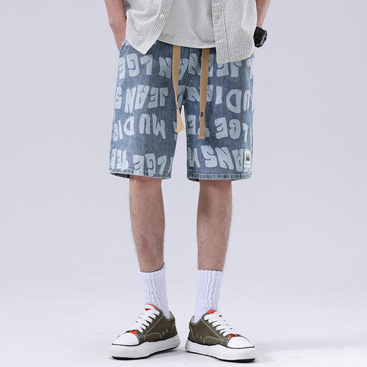 【DYG】大依优型大码男装牛仔短裤宽松OVS风潮牌印花松紧腰运动牛仔裤中裤夏季男士五分裤 商品图0