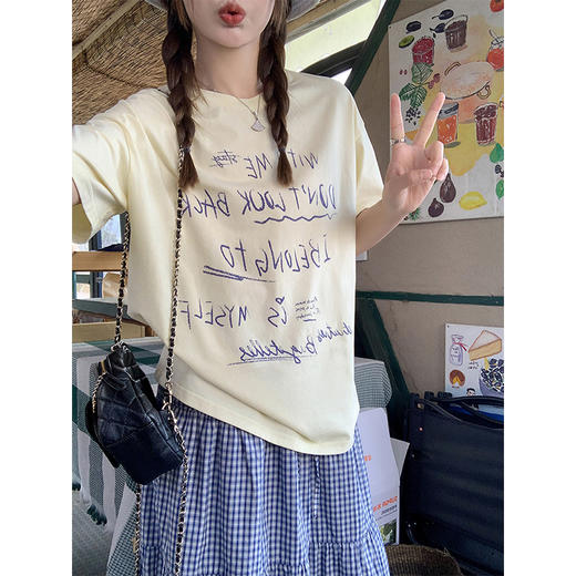 <曾小咸推荐>甜美清新黄色字母印花宽松短袖T恤 商品图1