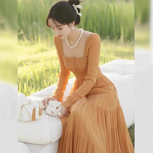 春季法式收腰显瘦长裙橘色方领连衣裙HR-syfs9989 商品图1