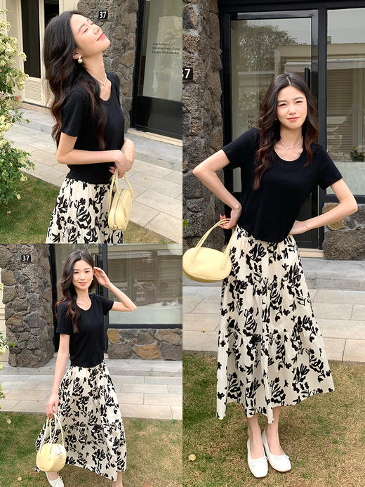 【专属特价】熙世界黑色正肩T恤女短袖2025春夏季新款圆领打底衫短款体恤上衣 商品图1