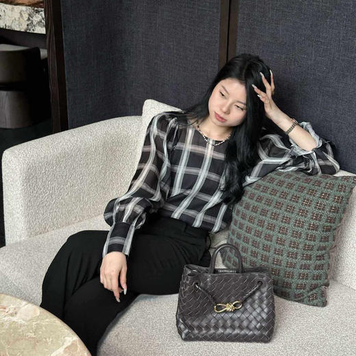 顺丰包邮洛诗琳99437春季精致丝绵格子上衣气质直筒长裤套装0120 商品图0