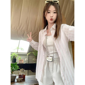 <曾小咸推荐>慵懒休闲粉色条纹宽松防晒长袖衬衫