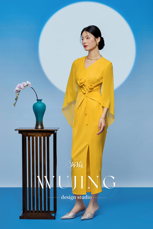 3205002 黄莺凝香 进口纹理蜂窝缎/韩国进口水晶乔其纱连衣裙 雾境 商品图3