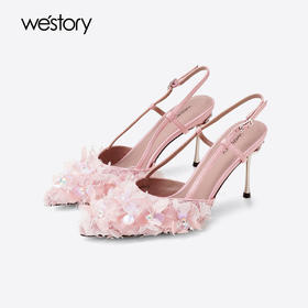 Westory2025年夏季凤羽花包头高跟空凉鞋宴会后空单鞋W25AH59391