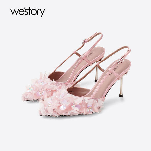 Westory2025年夏季凤羽花包头高跟空凉鞋宴会后空单鞋W25AH59391 商品图0