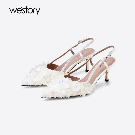 Westory2025年夏季凤羽花包头高跟空凉鞋宴会后空单鞋W25AH59381 商品图0