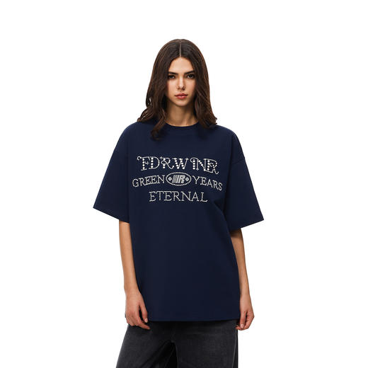 FDR官方店 美式珍珠烫钻短袖T恤男女夏季宽松休闲潮牌情侣装上衣 商品图1