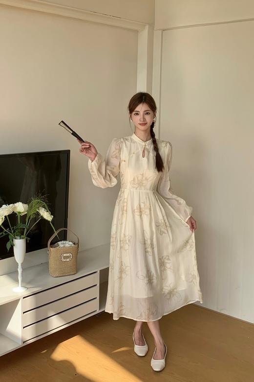 Le Malene 新中式水滴领杏色花朵印花连衣裙 20164 商品图2