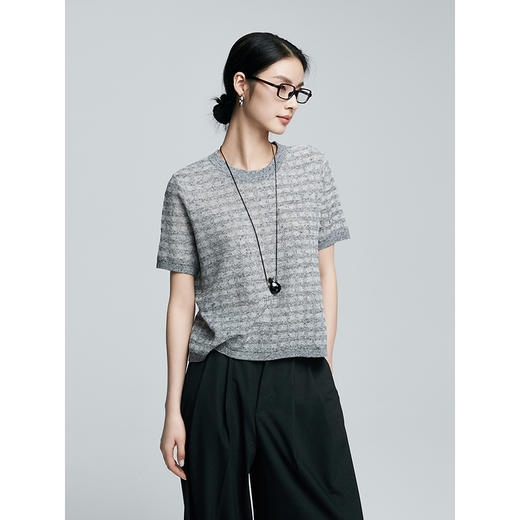 棉仓363635010-初棉混色定织花式线棉麻暗格纹-圆领短袖清凉针织衫 商品图1