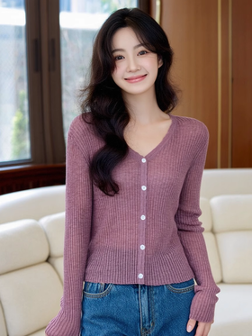 奢姿大码女装2025夏季气质v领长袖针织开衫胖妹妹时尚减龄外套9851353249A