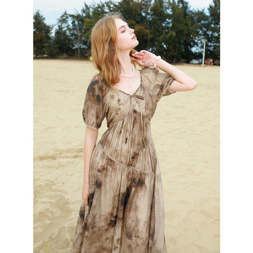 三彩2025夏季新款莱赛尔连衣裙灯笼袖晕染印花A字裙长裙优雅M 商品图1