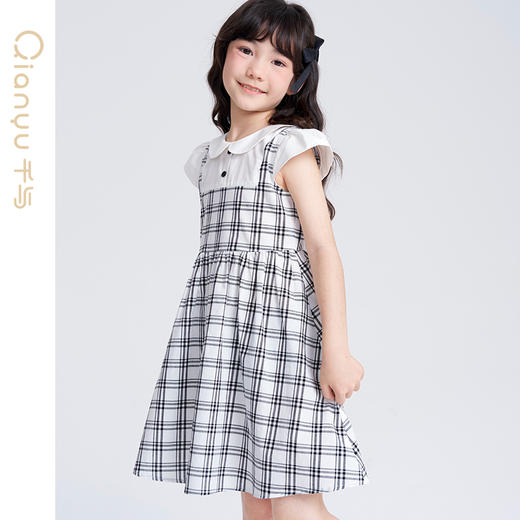笛莎千与2025夏季新款女童时尚假两件格纹拼接连衣裙 商品图3