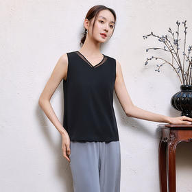 玳莎真丝拼欧根纱V领背心女2025夏季新款百搭桑蚕丝无袖内搭上衣  FB31004
